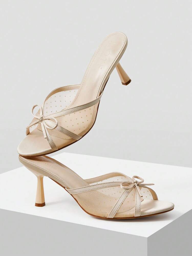 ROUND TOE STILETTO HEEL MESH BOW DECOR HIGH HEEL SANDALS