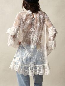 Bohemela 纯色编织蕾丝长袖女式迷你连衣裙 - 白色 - 查看 7