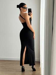 EgrlEra Women Cut Out Elegant Sexy Mesh Asymmetrical Neck Dress - Black - View 2