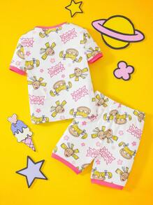 Nick 90s | SHEIN Young Girl Cartoon Floral & Letter Graphic Pink & White Casual Comfortable Tight Fitting Short Sleeve T-Shirt & Shorts Pajama Set - White - View 2