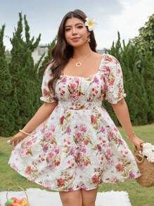 SHEIN LUNE 女装度假风复古法式蕾丝花卉刺绣镂空印花泡泡袖连衣裙 - 紅白色 - 查看 3