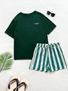 Manfinity Unisex 2pcs Unisex Casual Knit Letter Print Striped Drawstring Waist Straight Shorts & T-Shirt Set, Suitable For Daily Wear - Green - View 1