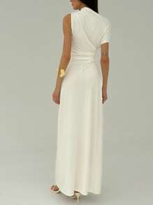 Aloruh 女士纯色不对称领口褶饰优雅及地长裙 - 白色 - 查看 5