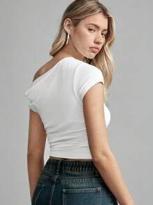 Easelle Áo thun nữ cổ tròn trơn màu đơn sắc, mùa hè - trắng - Xem 4