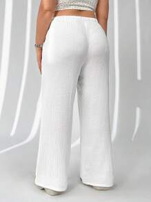 SHEIN EZwear Plus Size Women Beach Vacation, Brunch For Women, White Casual Drawstring Pockets Wide Leg Pants, Spring Summer - White - View 3