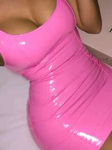 INAWLY Plus Size Shiny Fitted Mini Dress - Pink - View 3