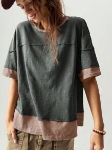 Bohemela Áo thun nữ cổ tròn tay ngắn màu trơn đơn giản dáng rộng - Màu xám đen - Xem 7