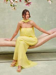 L'Amorae Atasan Choker Halter Berlipit Polos Elegan untuk Musim Panas - Kuning - View 5