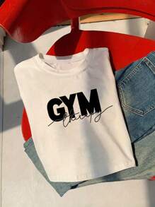 Women Letter Print Round Neck Short Sleeve Cropped T-Shirt - White - View 3