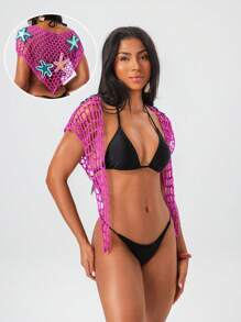 SHEIN Swim 全新性感开放式鱼网钩针编织 3D 海星海滩披肩，女士夏季罩衫 - 玫紅色 - 查看 3
