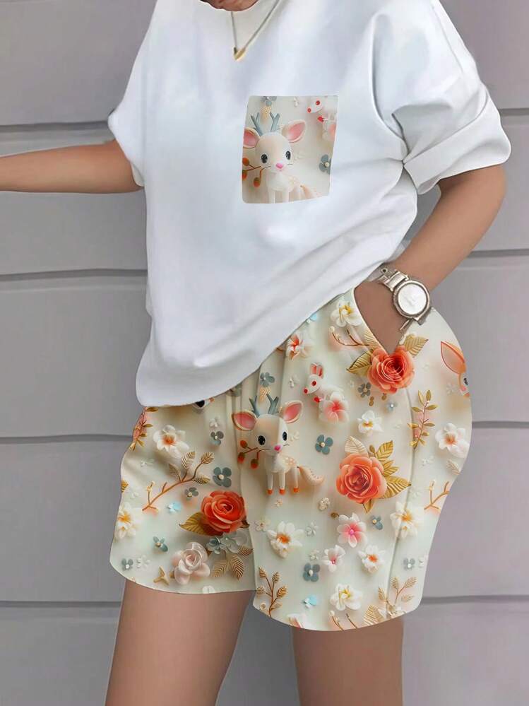 SHEIN 2 Peças Conjunto Casual Feminino com Camiseta Decote Ombro e Shorts com Estampa Floral - Branco - Visão 1