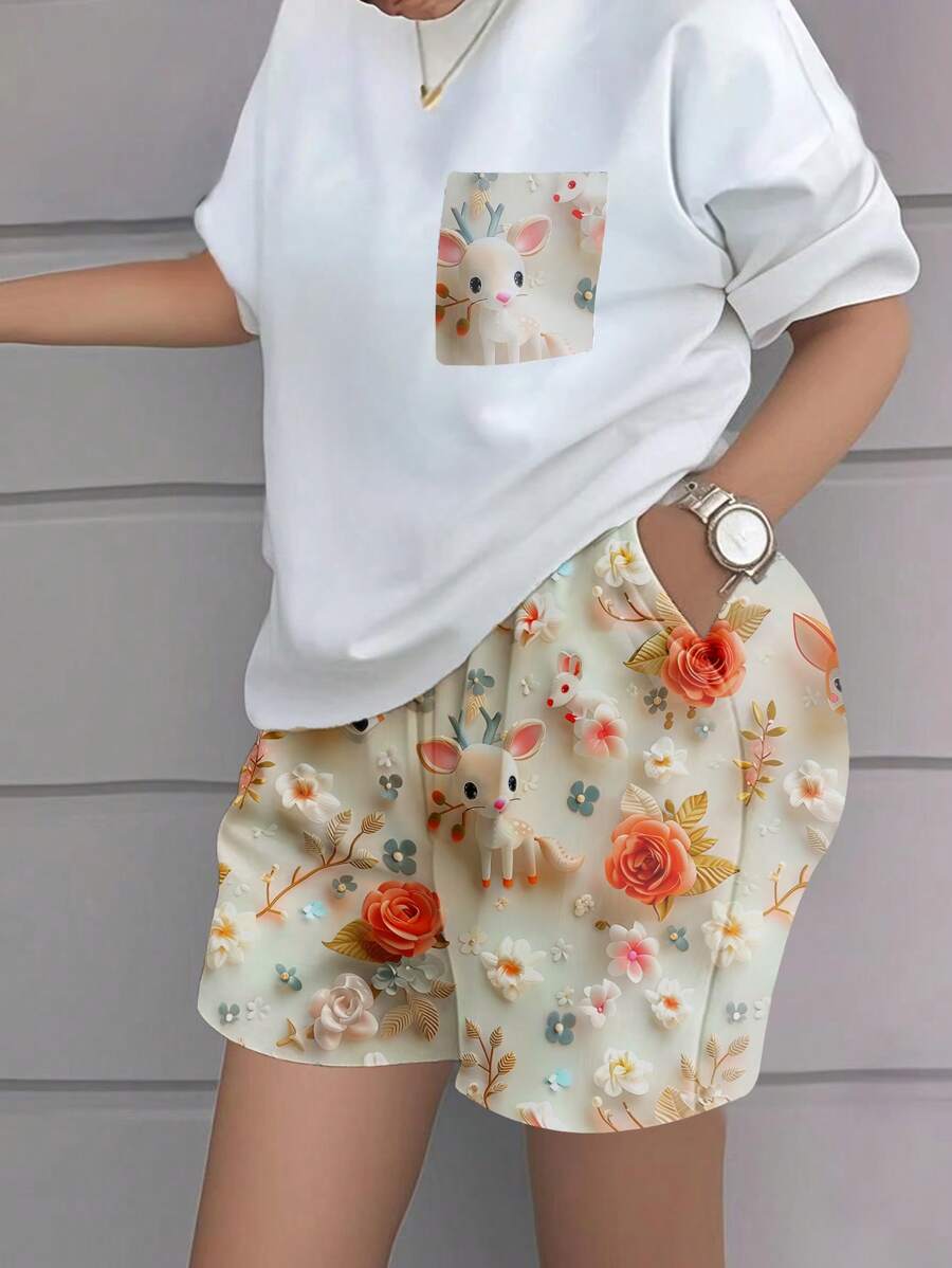 SHEIN 2 件女式花卉印花落肩 T 恤和短裤休闲套装 - 白色 - 查看 1