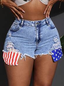 Slaydiva 加大码性感 7 月 4 日紧身弹力超短牛仔短裤，蓝色 - 淺色水洗藍 - 查看 4