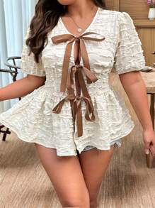 SHEIN Clasi Tricou cu mânecă bufantă cu cravată din țesătură texturizată de zi cu zi de mărime Plus - Caisă - Vizualizare 1