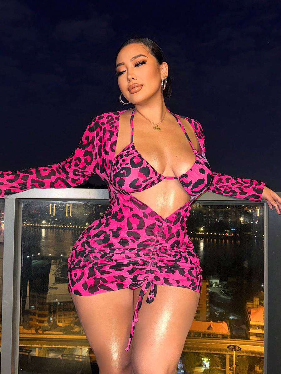 Swim SXY Plus Size Leopard Print 3-Piece Bikini Set For Beach In Summer - Hot Pink - View 1