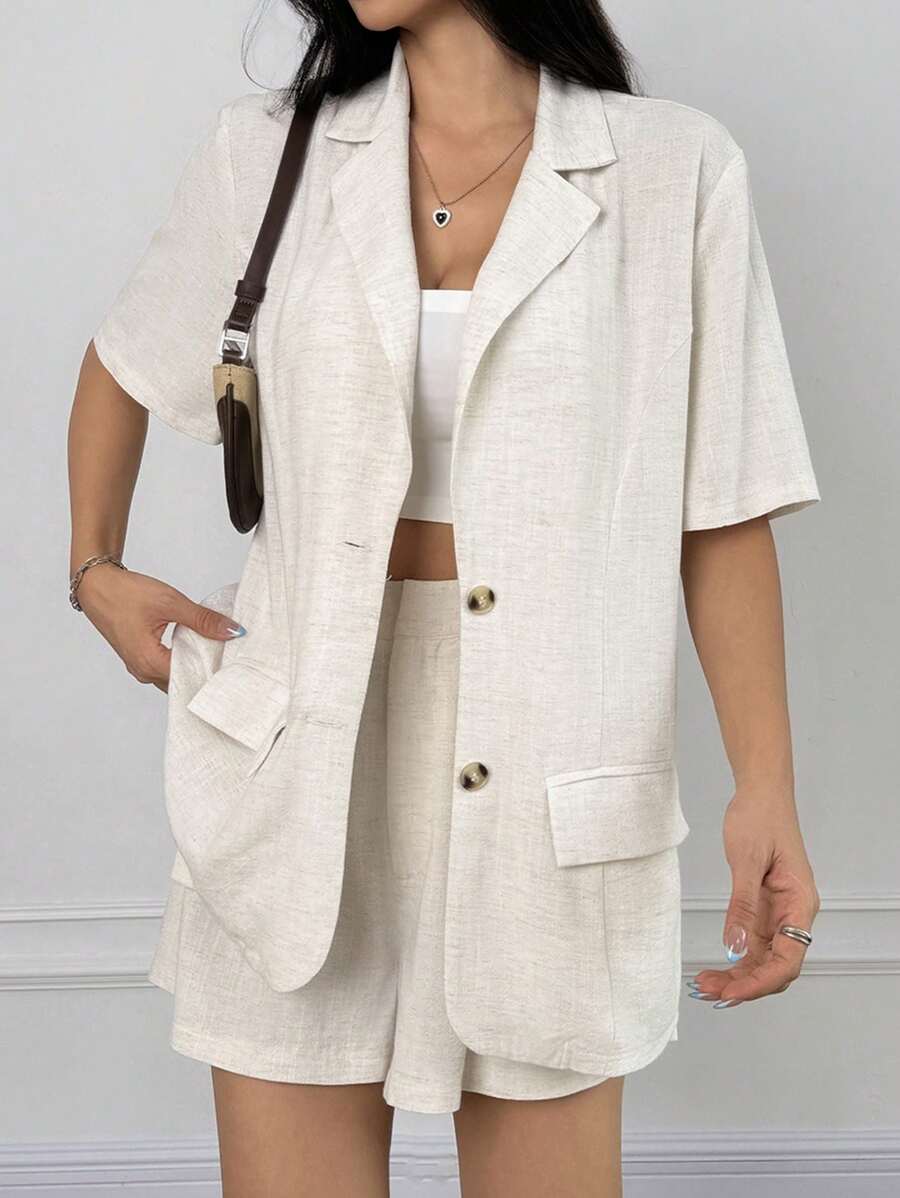 SHEIN EZwear 2 件套：浅卡其色短袖西装外套和短裤 - 卡其色 - 查看 1