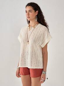 Florisole Bohemian Casual Vacation Solid Color Hollow Out Round Neck Raglan Sleeve T-Shirt For Women