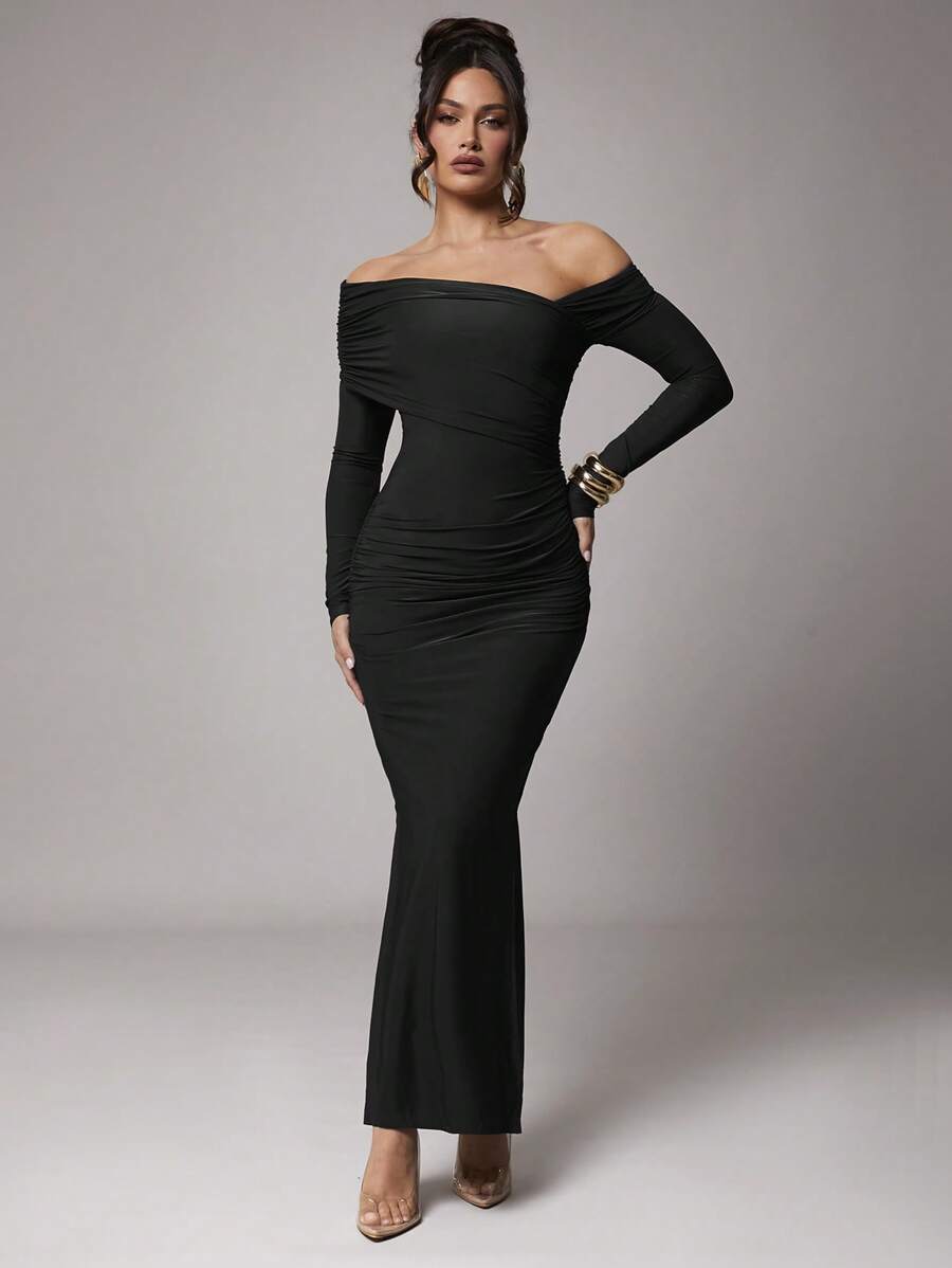Silquee Women Plus Size Elegant Solid Color Long Sleeve Casual/Party Dress, Collared, Asymmetrical Shoulder, Ruched Details, Coffee Brown, Autumn/Winter,Bohemia