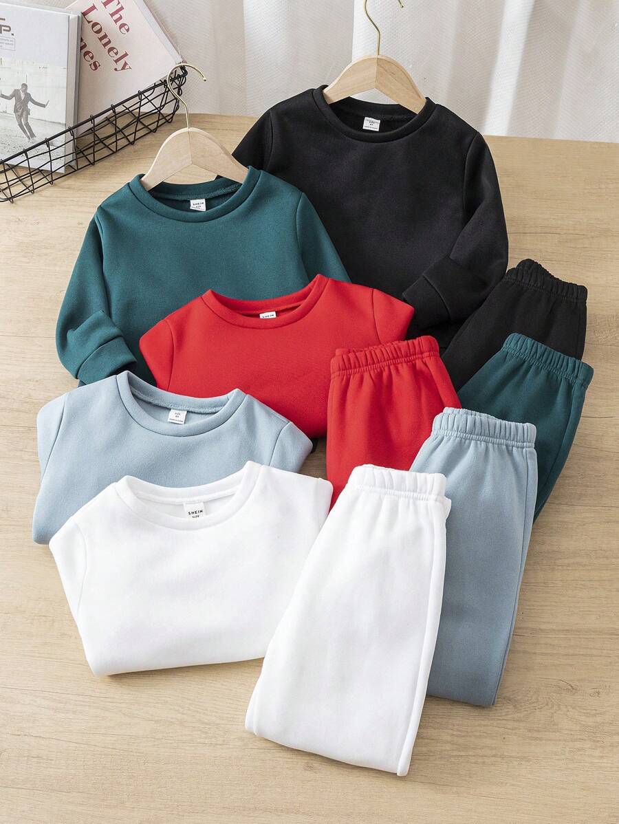 SHEIN Leap Crew 10 件/套年轻男孩休闲可爱日常舒适温暖中性百搭纯色宽松修身罗纹下摆圆领运动衫和裤子适合外出、街头穿着、派对、居家、返校、生日、婴儿洗礼、节日派对、秋冬