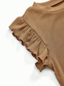 SHEIN Maternity Solid Color Round Neck Cap Sleeve Casual Ribbed T-Shirt - Khaki - View 11