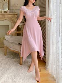 Women V-Neck Lace Trim Asymmetrical Hem Nightgown