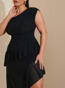 SHEIN BAE Plus Size Long  Dress, Romantic Sweet Ruffle Autumn Dress For Dating, Travel, Autumn Inner Wear, Bow, Summer Dresses For Ladies, Holiday Party Outfit For Women, Elegant, Birthday Outfits, Mesh, Sexy Dresses, Birthday Dress Plus Size, Tops, Fitted, Plain T-Shirt, Women Basic Top, Western Women Dresses, Summer Shirts, Summer Tops, Tight Shirts, Easter, Spring Clothes Valentine's Day - Black - View 5