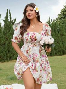 SHEIN LUNE 女装度假风复古法式蕾丝花卉刺绣镂空印花泡泡袖连衣裙 - 紅白色 - 查看 6