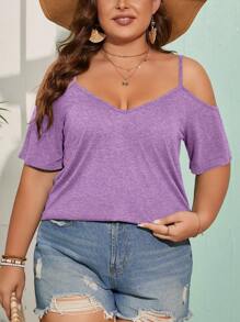 SHEIN Frenchy 大码橄榄绿色露肩领口休闲夏季 T 恤乡村音乐会上衣