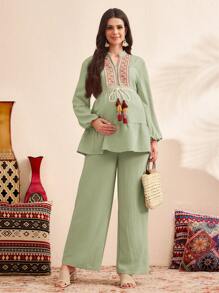 SHEIN 2pcs Maternity Tassel Trim Patchwork Lantern Sleeve Shirt And Pants Set - Green - View 5