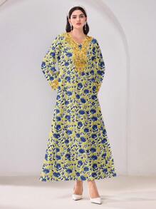 Al Najma Modest Floral Print V-Neck Long Sleeve Women Arabic Style Dress, Suitable For Spring & Summer - Yellow - View 4