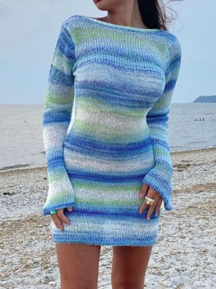INAWLY Vestido de punto con espalda abierta y teñido gradual para mujer de talla grande - Azul - Añade 4