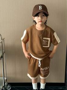 SHEIN 2pcs Set Young Boy Casual Sports Academy Solid Color Patchwork English Letter Print Fitted Crew Neck Short Sleeve T-Shirt And Shorts Set, Suitable For Summer Outdoor, School, And Leisure Sports - Coffee Brown - View 4