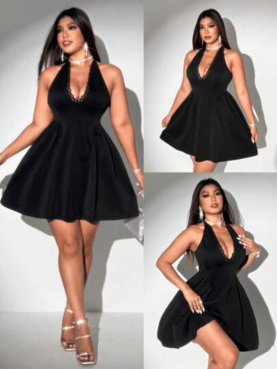 Viva Relle 大码 V 领性感蕾丝拼布无袖蓬松派对连衣裙