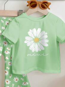 SHEIN Leap Crew Baby Girl Casual Simple Short Sleeve Round Neck Long Pants Set, Suitable For Spring/Summer - White - View 3