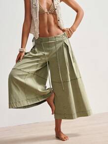 Bohemela Plus Size Solid Color Drawstring Waist Casual Loose Wide Leg Pants
