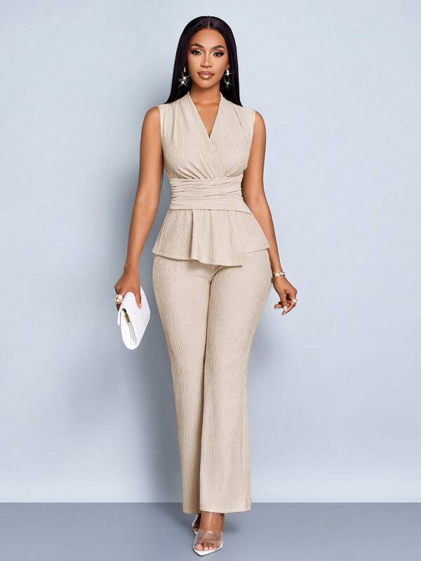 SOLERSUN Tricou damă caise elegant cu decolteu în V Pantaloni largi Set două piese Tivul asimetric Set două piese Zilnic Casual Femei Primăvară și Vară Fără mâneci Ținute cu mâneci scurte Femei Ținute Office pentru femei Old Money Style Business Casual