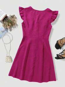 SHEIN Clasi 女士纯色深 V 领盖袖纽扣设计性感连衣裙 - 玫紅色 - 查看 2