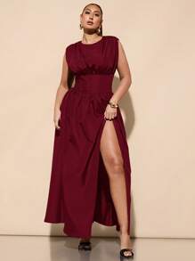 SHEIN BAE 新款大码女式纯色无袖高开衩连衣裙，收腰，春夏季，女士生日礼服 - 酒紅色 - 查看 4