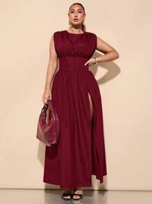 SHEIN BAE 新款大码女式纯色无袖高开衩连衣裙，收腰，春夏季，女士生日礼服 - 酒紅色 - 查看 5