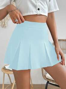 Chiquease 夏季休闲纯色高腰百褶迷你裙