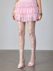 ROMWE Kawaii 1 Pair Sexy Sheer White Hollow Out Multi-Bow Fishnet Stockings, Cute & Seductive, Thin Elastic See-Through Tights