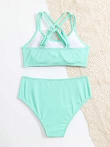 SHEIN WESTFADE Young Conjunto de bikini de unicolor con espalda cruzada para adolescentes, apto para el verano y la playa