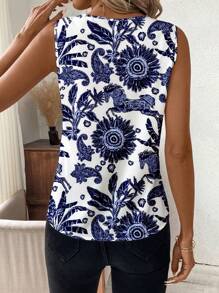 SHEIN Clasi 女士 V 领无袖休闲衬衫，饰有向日葵和骏马图案 - 藍色 - 查看 2