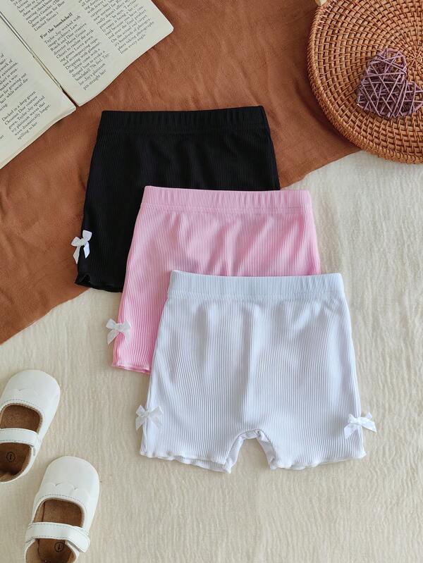 SHEIN Vintaside Kids 3 件套女婴幼儿 0-3 岁春夏新品，四季休闲运动弹力罗纹针织柔软莫兰迪色系粉、米色、灰色 3 件套修身短裤套装，及膝长度，适合居家和户外