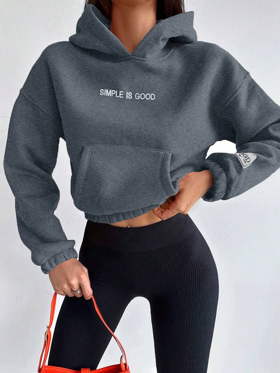 EURMUSE Cotton Ladies' Hooded Sweatshirt With Letter Print And Drop Shoulder Long Sleeves - Dark Grey - View 1
