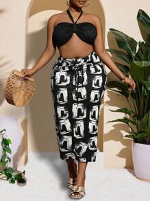 Slaydiva Plus Size Women 2pcs Set - Tied Neck Camisole Tank Top & Bodycon Skirt, Resort Wear - Multicolor - View 9