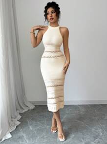 Gloray Women Elegant Vacation Semi-Sheer Halter Neck Fitted Mid-Calf Sweater Dress, Spring/Summer