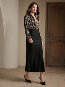 Anewsta Áo cánh rộng in họa tiết xích, trang phục công sở, phong cách cổ điển, công sở - màu đen - Xem 1