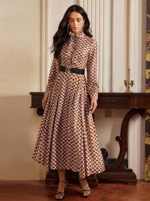 Anewsta Elaire Fashion Retro Metallic Printed Ruffle Hem Dress For Women, Valentine's Day, Vacation, New Year Outfit, Modest Design - Brown - View 3