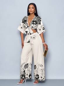 SOLERSUN 女士花卉印花蝴蝶袖短款上衣和阔腿裤两件套，春夏度假风格